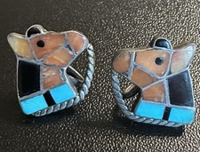 Native American Authentic ZUNI silver, turquoise, coral and black jet  earrings picture