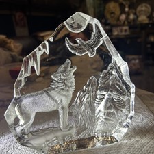 Etched Glass Paperweight Native American Howling Wolf Eagle Clear picture