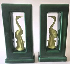 Vintage MCM Crane Pocket Vases Pair Art Deco Chartreuse Forest Green Cutout 9.5