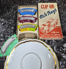 Vintage Mid Century Clip On Ashtrays Set of 4 Plastic Metal Saucer Plate MCM Box picture