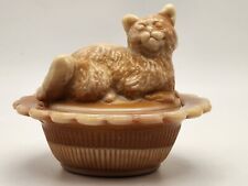 Mosser Cream Beige Slag Glass Mini Cat On Nest Salt Cellar Dish or Ring Holder picture