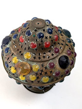 Antique Middle Eastern Jeweled Brass Lantern – Pierced Boho Moorish Table Lamp picture