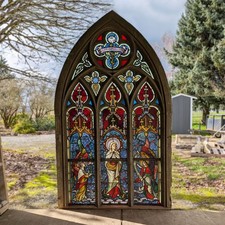 Antique Belgian Gothic Stained Glass Window Religious Mary and Angels 8' Tall picture