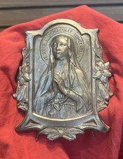 Antique Virgin Mary Plaque 5” Victorian Easel Back Lourdes Silver 1800s picture