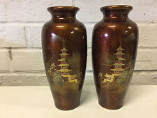 Vintage Pair of Japanese Maruni Lacquer Porcelain Vases w/ Pagoda Decoration picture