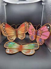 Vintage Bentwood Bamboo Butterfly Wall Hangings Decor Fabric Wings Set 3 picture