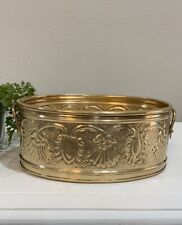 Vtg Solid Brass Floral Embossed Oblong Planter Container With Handles Made India picture