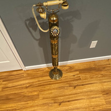 Vintage-Style Brass Tone Floor Standing Rotary Dial Telephone w/ Cream Handset picture
