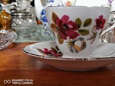 Vtg Delphine bone tea cup saucer Set China Red Roses On White  picture