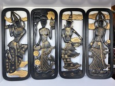 Vtg Thai Carved Wood Wall Panels Set Of 4 Black Gold Gilt Apsaras Deities MCM picture