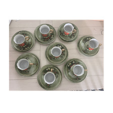 United China 4392 Green Gold Floral Porcelain Cup, Saucer & Plate Set 8-Piece picture