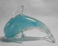 Hand Blown Art Glass Dolphin Figurine Paperweight Aqua Blue Clear 6.5