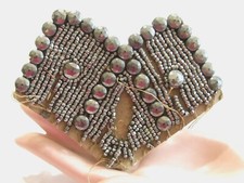 ORIGINAL ANTIQUE CUT STEEL LOOKING GLASS PASSEMENTRIE TRIM BEADS PIECE ON FABRIC picture