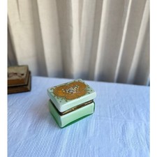 Vintage German Green Opaline Cased Glass Box | Gold Floral Scroll Relief Vanity picture