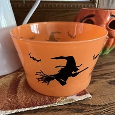 VTG Hazel Atlas Glass HALLOWEEN CANDY BOWL ICE BUCKET Witch Bat Orange Black EUC picture