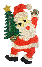 Melted Plastic Popcorn Santa w Tree Waving Wall Hanging Decoration Tree VTG picture