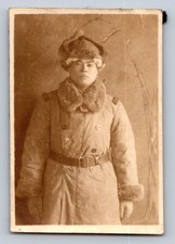 WWI Era Military Soldier Portrait Photograph Fur Hat Uniform Antique Photo picture