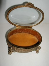 Antique French Beveled Glass Gold Gilt Filigree Ormolu Jewelry Box Casket cherub picture