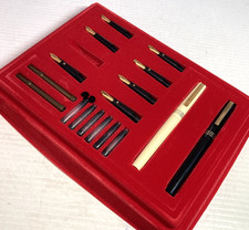 Vintage  Osmiroid Calligraphy 2 Pen Desk Set 22 Karat Gold Plated 7 Nibs picture