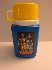 Vtg 1977 Star Wars C3PO & R2D2 Thermos Blue & White, Yellow Lid picture