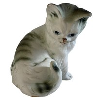 Vintage Lefton Grey & White Stripped Tiger Cat Kitten Bone China Figure picture