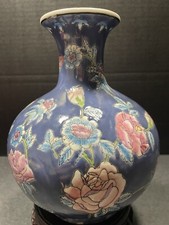 Chinoiserie Hand Painted w/ Flowers & Light Blue Glazed Background on Wood Base picture