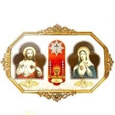 Vtg Art Nouveau Brass Oval Convex Bubble Glass Picture Frame w Religious Decor picture