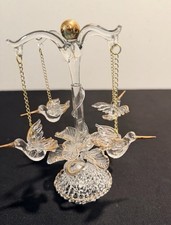 Vtg Clear Crystal Glass 5 Hummingbirds Mobile Sculpture Crystal Base Gold Trim picture
