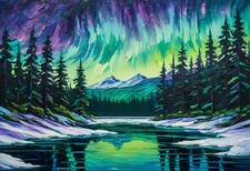 Northern Lights Over Frozen Lake - Impasto Knife Wall Art Print picture