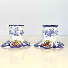 Vintage Porta Hand Painted Floral Ceramic Pair of Taper Candleholders Portugal picture