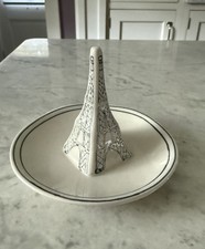 Vintage Anthropologie Molly Hatch Eiffel Tower Ring Trinket Dish 4×4 Blue White picture