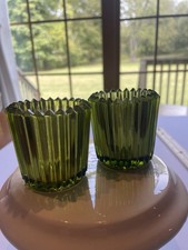 Pair Indiana Glass Vintage Green Ribbed Votive Candleholder NOS MCM 50s 60s 70s picture