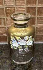 Art Glass Ceskci  Bud Vase Bohemian Hand Painted Enamel Flowers Gold Gilt 3 1/2” picture