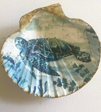 Turtle Decoupage Ring Dish Scallop Shell Jewelry/Trinket Holder Beach Decor Art picture