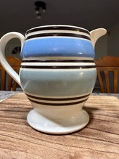 Antique 19thC English Mochaware Pitcher Banded Slipware Yellowware Leaf Handle picture