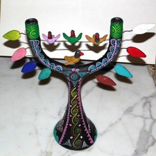 Vintage Mexican Pottery Tree of Life Candelabra Candleholder Signed Folk Art picture