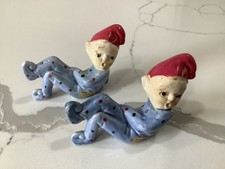2 RARE KREISS Polka Dot Reclining Porcelain Elf Pixie Figurines w/ Paper Labels picture