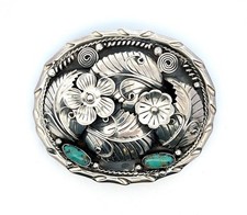 Taxco Mexico 950 Silver Floral Turquoise Stones Belt Buckle 2” Belt Width 109.2g picture