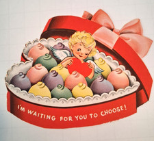 Vintage Valentine Card Heart Shaped Box of Candy with Cupid Used picture