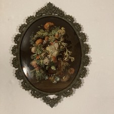 Vintage Ornate Italian Oval Frame Convex Bubble Glass Floral Still Life Art picture
