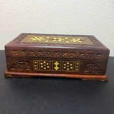 Vintage Carved Wooden Inlaid Trinket/Jewelry Box Hinged Lid Red Lined Interior picture