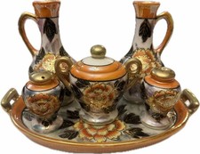 Vintage Japan Lusterware 6 Pc Condiment Cruet Set Tray Floral Gold picture