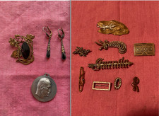 RARE LOT FASCIST ERA: brooch and earrings with semiprecious stones and Mussolini picture