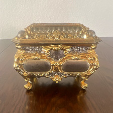Antique Ornate Gold-Tone Footed Trinket Box Hinged Lid Red Velvet Lined Interior picture