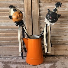 RARE Nicol Sayre Midwest Halloween Wands SET 2 Pumpkin Black Cat Paper Mache Vtg picture