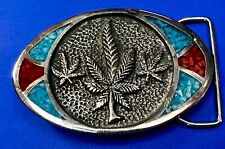 Marijuana Pot Weed Leaf Inlaid Turquoise & Coral Inlay  Vintage 1980 Belt Buckle picture