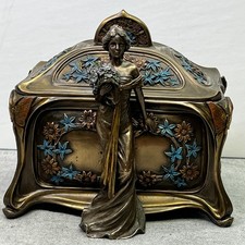 Art Nouveau Style Woman w/ Bouquet Floral Bronze Trinket/Jewelry Box Signed RARE picture