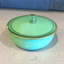 Vintage Aqua Green Glass Powder Jar Dana Puff Depression Era Style Vanity picture