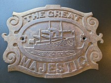 Antique THE GREAT MAJESTIC Cast Iron Stove Oven Door Plate Steam Ship Logo 35R picture