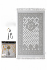 AzeemQuest Muslim Prayer Rug Janamaz Gift Set with Prayer Beads - Cream & Grey picture